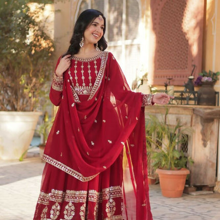 Aastha Fashion Maroon Faux Blooming Embroidery Zari Sequins-work Party Wear Designer Gown