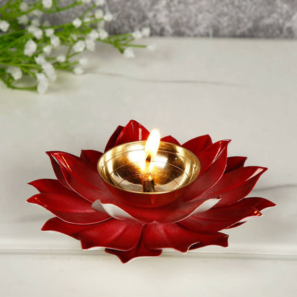 CraftVatika Red Lotus-Shaped Pooja Diya Oil Lamp