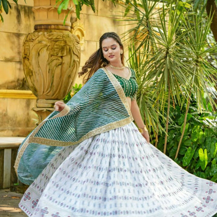 Aastha Fashion White Heavy Chinon Fabric Heavy Foil Print + Embroidery Work Belt Semi Stitched Wedding Wear Lehenga Choli