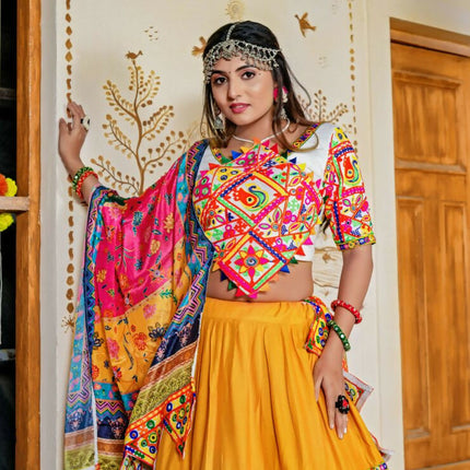 Aastha Fashion Yellow Rayon Ready Mirror Lace Semi Stitched Wedding Wear Lehenga Choli