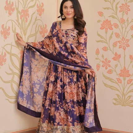 Aastha Fashion Purple Russian Silk Digital Print With Embroidered Sequins Work Party Wear Designer Gown