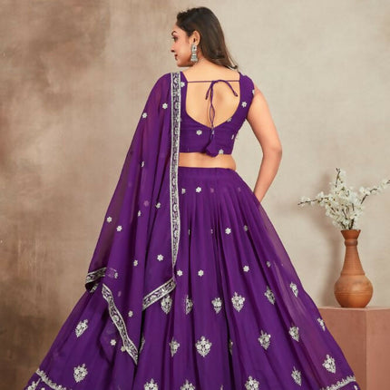 Aastha Fashion Purple Heavy Georgette Embroidery Zari / Sequence Work Semi Stitched Wedding Wear Lehenga Choli