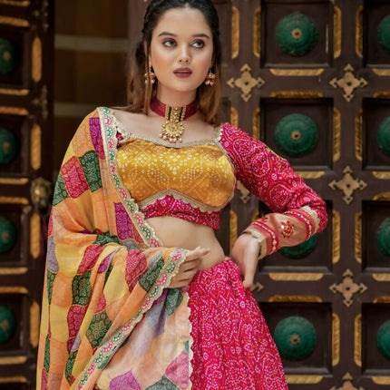 Aastha Fashion Rani Gaji Soft Silk Discharge Print + Embroidery Zari / Thread / Sequence Work Lace Semi Stitched Wedding Wear Lehenga Choli