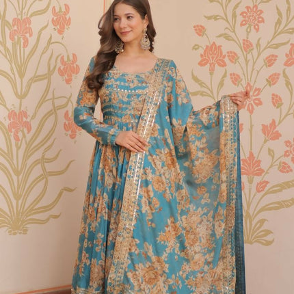 Aastha Fashion Rama Russian Silk Digital Print With Embroidered Sequins Work Party Wear Designer Gown