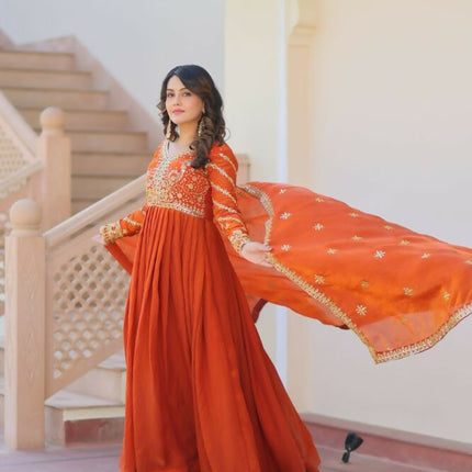 Aastha Fashion Orange Fendy Fabric Zari & Sequins Embroidered work Party Wear Designer Gown