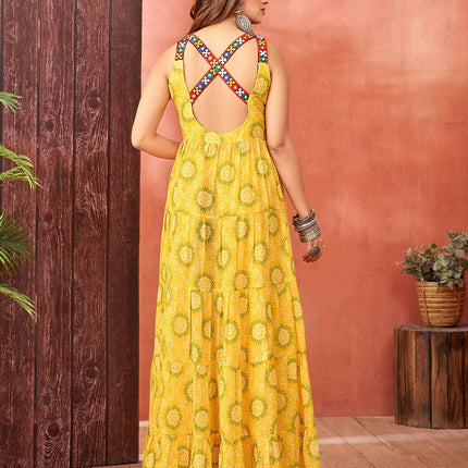 Aastha Fashion Yellow Faux Blooming Georgette Glamorous Festival Wear Designer Navratri Gown Collection