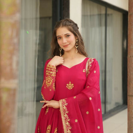 Aastha Fashion Pink Star Georgette Embroidery Zari Sequins-work Party Wear Designer Gown