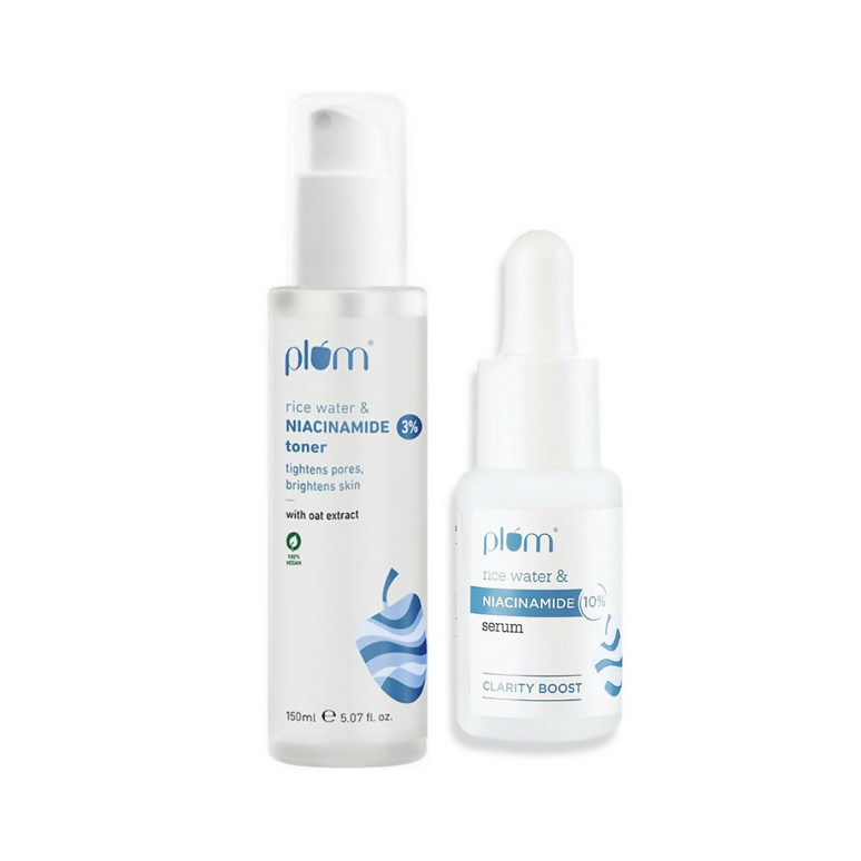Plum 3% Niacinamide Alcohol-Free Toner With Rice Water and 10% Niacinamide Brightening Face Serum Combo