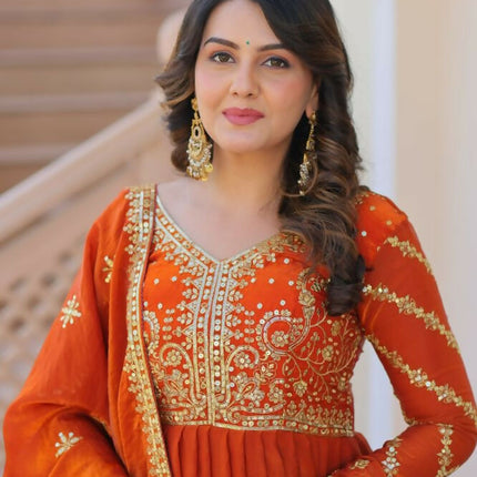 Aastha Fashion Orange Fendy Fabric Zari & Sequins Embroidered work Party Wear Designer Gown