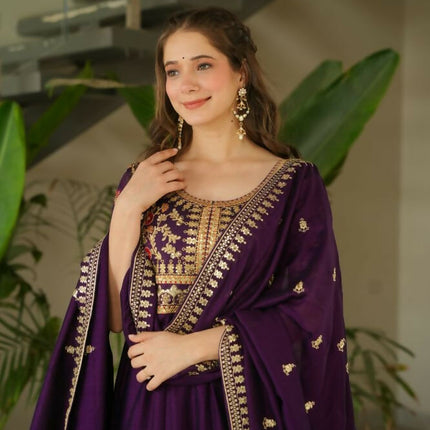 Aastha Fashion Purple Vichitra Silk Sequins-Multi & Zari Embroidered Work Party Wear Designer Gown