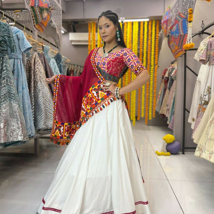 Aastha Fashion White Reyon Readymade Mirror Lace Semi Stitched Wedding Wear Lehenga Choli