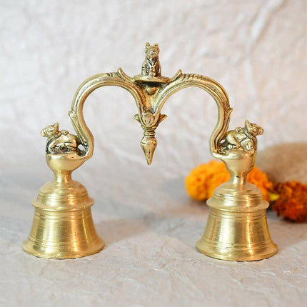 CraftVatika Gold-Toned Brass Hand Held With Nandi Sitting On Top Double Puja Bell