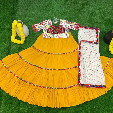 Aastha Fashion Yellow Rayon Readymade Lace Semi Stitched Wedding Wear Lehenga Choli