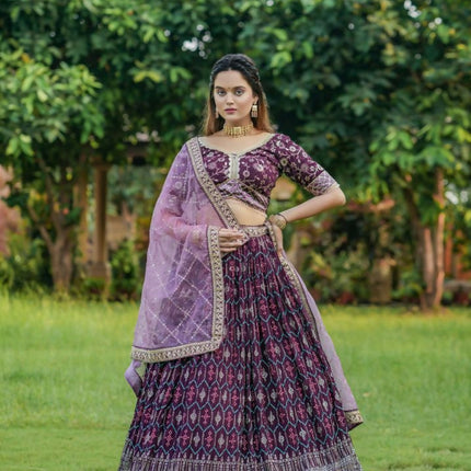 Aastha Fashion Wine Heavy Georgette Fabric Heavy Foil Print + Embroidery Work Belt Semi Stitched Wedding Wear Lehenga Choli
