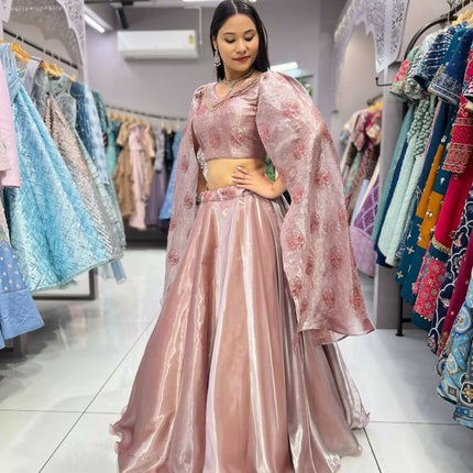 Aastha Fashion Peach Heavy Jimmy Chu Belt Embroidery Thread + Sequence Work Semi Stitched Wedding Wear Lehenga Choli