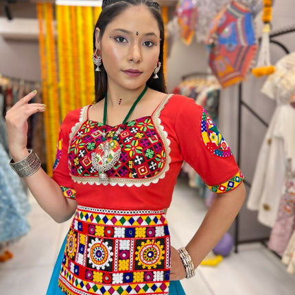 Aastha Fashion Rama Roman Silk Real Mirror Gamthi Work Patch + Readymade Lace Semi Stitched Wedding Wear Lehenga Choli