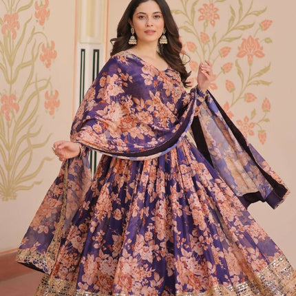 Aastha Fashion Purple Russian Silk Digital Print With Embroidered Sequins Work Party Wear Designer Gown