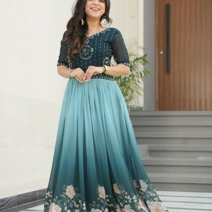 Aastha Fashion Rama Faux Blooming Embroidered work and Rich Floral Pedding Digital Print Party Wear Designer Gown