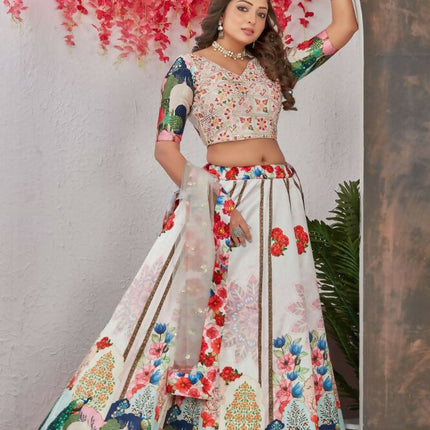 Aastha Fashion Off White Medonna Silk Heavy Digital Print Semi Stitched Wedding Wear Lehenga Choli