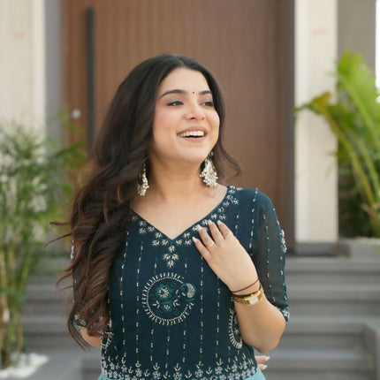 Aastha Fashion Rama Faux Blooming Embroidered work and Rich Floral Pedding Digital Print Party Wear Designer Gown