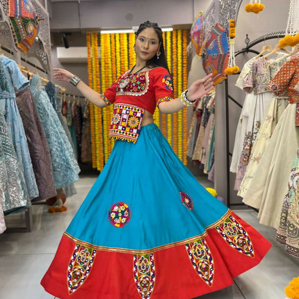 Aastha Fashion Rama Roman Silk Real Mirror Gamthi Work Patch + Readymade Lace Semi Stitched Wedding Wear Lehenga Choli