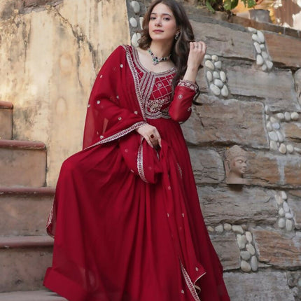 Aastha Fashion Maroon Faux Blooming Sequins-Multi & Beads Embroidered Work Party Wear Designer Gown
