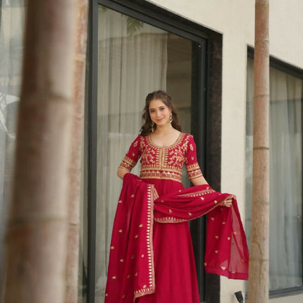 Aastha Fashion Pink Vichitra Silk Sequins-Multi & Zari Embroidered Work Party Wear Designer Gown