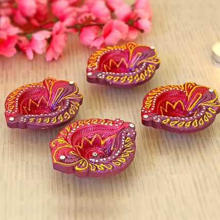 Tied Ribbons Set of 4 Red & Violet Textured Terracotta Diyas