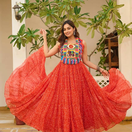 Aastha Fashion Orange Faux Georgette Bandhani Print Navratri Designer Gown Collection