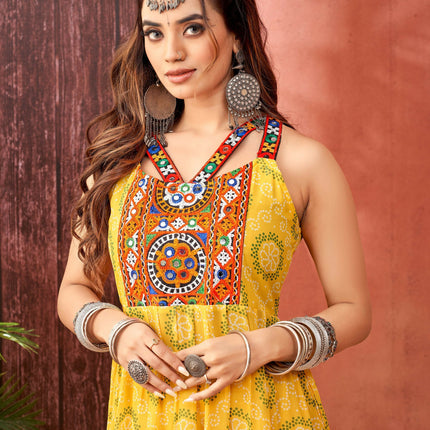 Aastha Fashion Yellow Faux Blooming Georgette Glamorous Festival Wear Designer Navratri Gown Collection