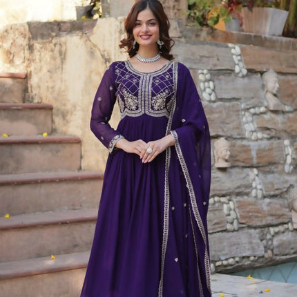 Aastha Fashion Purple Faux Blooming Sequins-Multi & Beads Embroidered Work Party Wear Designer Gown