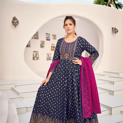 Aastha Fashion Navy Blue Rayon Party Wear Designer Gown Collection