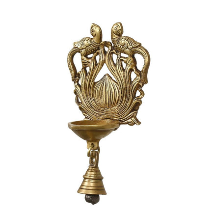 eCraftIndia Gold-Toned Handcrafted Antique Finish Diya with Bells Decorative Wall Hanging Showpiece
