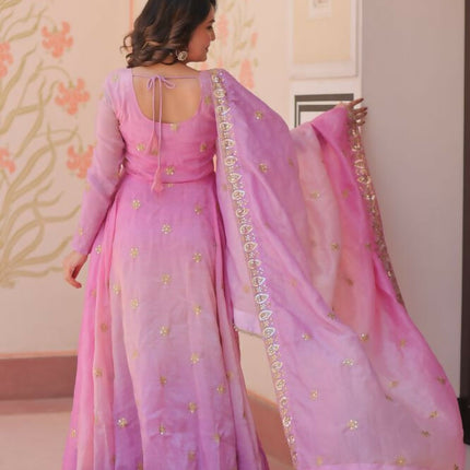 Aastha Fashion Pink Pedding Gold Organza Sequins-Multi & Zari Embroidered Work Party Wear Designer Gown
