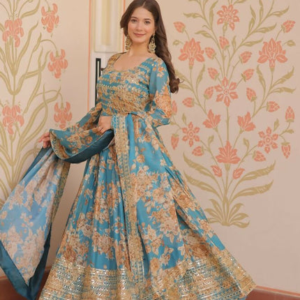 Aastha Fashion Rama Russian Silk Digital Print With Embroidered Sequins Work Party Wear Designer Gown