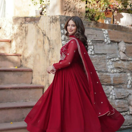 Aastha Fashion Maroon Faux Blooming Sequins-Multi & Beads Embroidered Work Party Wear Designer Gown