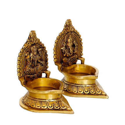 eCraftIndia Set of 2 Gold-Toned Handcrafted Brass Laxmi Ganesha Idol Deepak