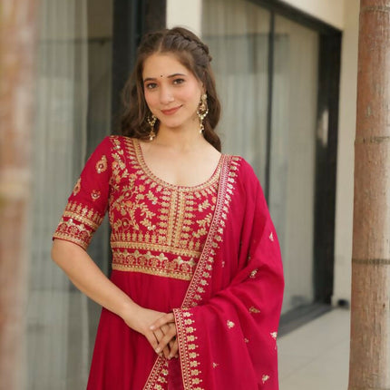 Aastha Fashion Pink Vichitra Silk Sequins-Multi & Zari Embroidered Work Party Wear Designer Gown