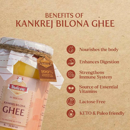 Indicow Foods Kankrej Bilona A2 Cow Ghee | 100% Desi Cow Ghee | Premium A2 Desi Ghee | Cultured Cow Pure Ghee
