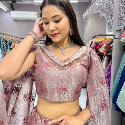 Aastha Fashion Peach Heavy Jimmy Chu Belt Embroidery Thread + Sequence Work Semi Stitched Wedding Wear Lehenga Choli