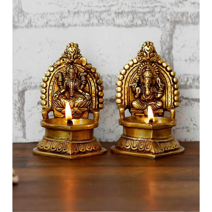 eCraftIndia Set of 2 Gold-Toned Handcrafted Brass Laxmi Ganesha Idol Deepak
