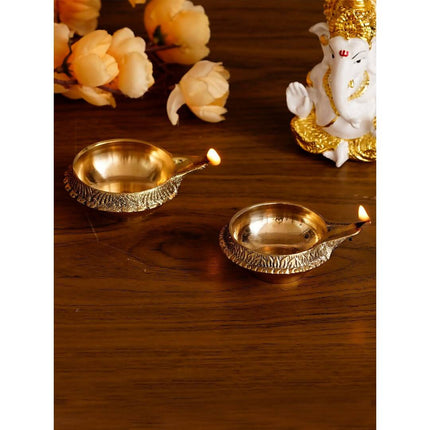 eCraftIndia Set of 2 Gold-Toned Auspicious Handcrafted Brass Diya