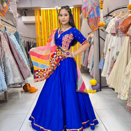 Aastha Fashion Blue Rayon Multi Colour Samosa Lace Semi Stitched Wedding Wear Lehenga Choli