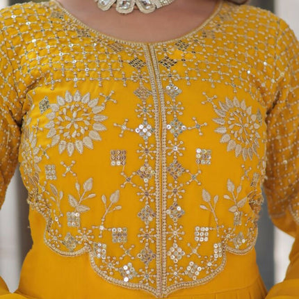 Aastha Fashion Yellow Faux Blooming Embroidery Work Party Wear Designer Gown
