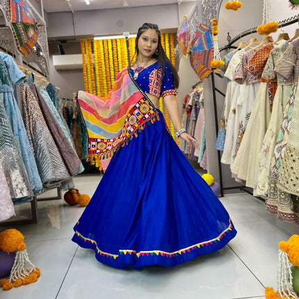 Aastha Fashion Blue Rayon Multi Colour Samosa Lace Semi Stitched Wedding Wear Lehenga Choli