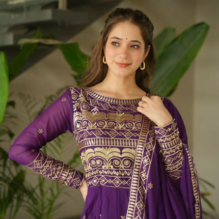 Aastha Fashion Purple Chinnon Sequins-Multi & Beads Embroidered Work Party Wear Designer Gown