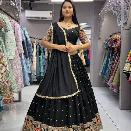 Aastha Fashion Black Roman Silk Embroidery Thread / Zari / Sequence Work Semi Stitched Wedding Wear Lehenga Choli