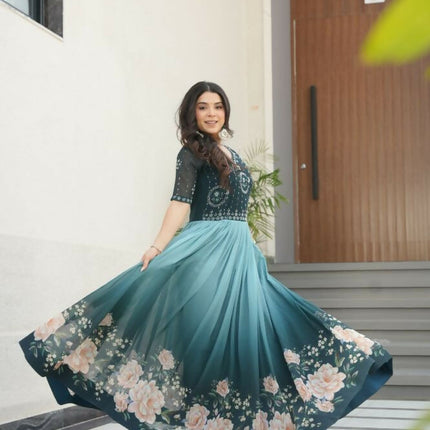 Aastha Fashion Rama Faux Blooming Embroidered work and Rich Floral Pedding Digital Print Party Wear Designer Gown