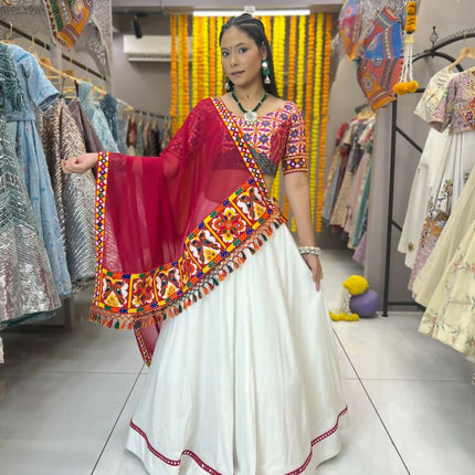 Aastha Fashion White Reyon Readymade Mirror Lace Semi Stitched Wedding Wear Lehenga Choli