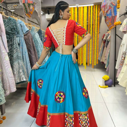 Aastha Fashion Rama Roman Silk Real Mirror Gamthi Work Patch + Readymade Lace Semi Stitched Wedding Wear Lehenga Choli